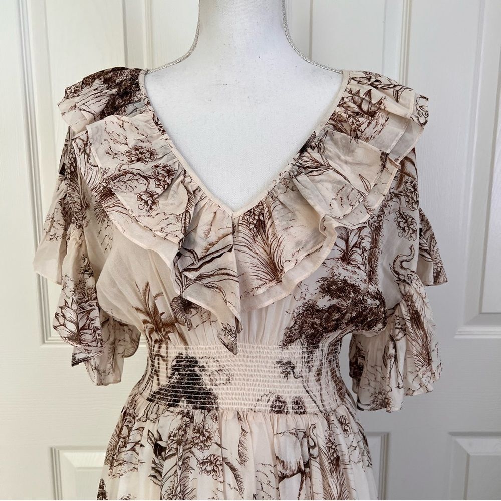 SANDRO Natural Marro Ruffled Printed Gauze Midi Dress EU 36 US S MSRP $245 - Picture 7 of 12